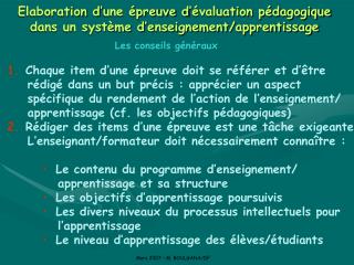 Elaboration d’une épreuve d’évaluation pédagogique dans un système d’enseignement/apprentissage