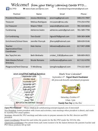 2014-2015 PTO Meeting Schedule September 18th October 23rd November 20 th December 18 th