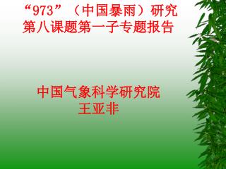 “ 973 ” （中国暴雨）研究 第八课题第一子专题报告 中国气象科学研究院 王亚非