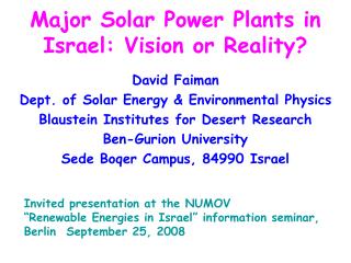 Major Solar Power Plants in Israel: Vision or Reality?