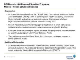 GRI Report – LA8 Disease Education Programs Mexico – Power Solutions business