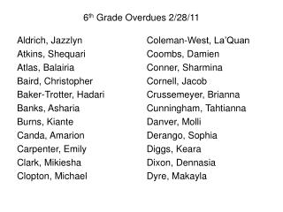 6 th Grade Overdues 2/28/11