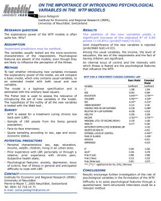 ON THE IMPORTANCE OF INTRODUCING PSYCHOLOGICAL VARIABLES IN THE WTP MODELS Sonia Pellegrini