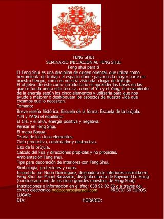 FENG SHUI SEMINARIO INICIACIÓN AL FENG SHUI Feng shui para ti