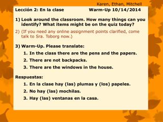 Lección 2: En la clase Warm -Up 10/14/2014