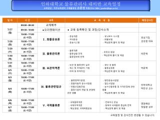 인하대학교 물류관리사 대비반 교육일정 교육담당 : 직무교육센터 구매물류팀 손준성 위원 (724-1804, jssohn@kpc.or.kr)