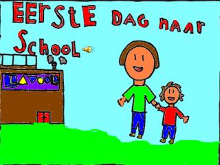 Yes mama mijn eerste dag naar school. Ja je mag naar juf Mieke