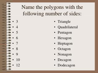 Name the polygons with the following number of sides: