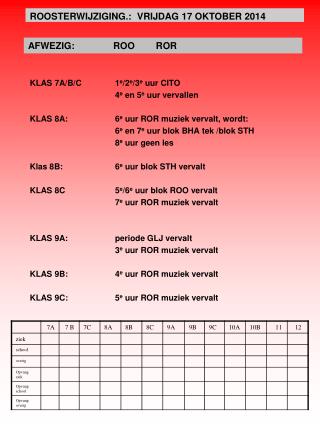 ROOSTERWIJZIGING .: VRIJDAG 17 OKTOBER 2014