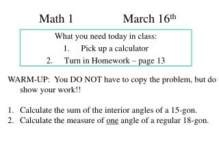 Math 1 		 March 16 th