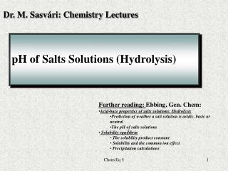 pH of Salts Solutions (Hydrolysis)