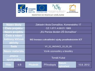 Cíle – 	umět popsat vznik ozonosféry a 			biosféry Kompetence – k učení, komunikativní