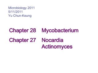 Chapter 28	 Mycobacterium 		Chapter 27	 Nocardia 							 Actinomyces