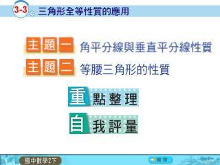 在第二章我們學過角平分線、垂直平分線的尺規作圖，而這一個主題，我們將利用三角形的全等性質，來進一步探討一些重要的相關性質。