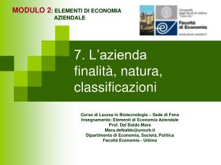 7. L’azienda finalità, natura, classificazioni