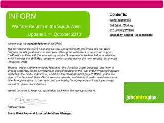 INFORM Welfare Reform in the South West 	Update 2 – October 2010