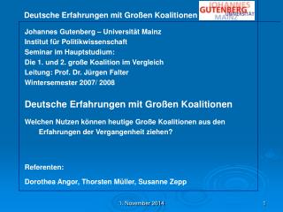 Johannes Gutenberg – Universität Mainz Institut für Politikwissenschaft Seminar im Hauptstudium: