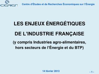 LES ENJEUX ÉNERGÉTIQUES DE L’INDUSTRIE FRANÇAISE (y compris Industries agro-alimentaires,