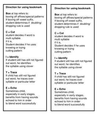 Direction for using bookmark Box at top refers to: boxing off affixes/special patterns