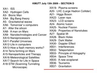 XA19- Plasma screens	 A20- LHC (Large Hadron Collider) A21- Higgs Boson	 XA22- Laser rays