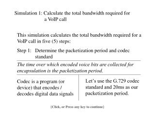 Simulation 1: Calculate the total bandwidth required for a VoIP call