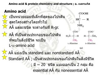 AÂ ที่เป็นส่วนประกอบของโปรตีน ที่พบในสิ่งมีชีวิต จะเป็น L- - amino acid