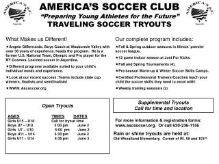 AMERICA’S SOCCER CLUB “Preparing Young Athletes for the Future” TRAVELING SOCCER TRYOUTS