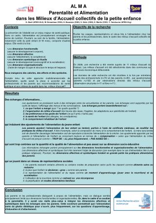 AL M A Parentalité et Alimentation dans les Milieux d’Accueil collectifs de la petite enfance