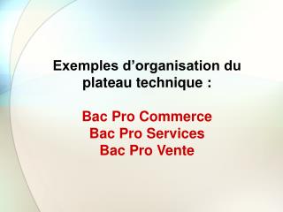 Exemples d’organisation du plateau technique : Bac Pro Commerce Bac Pro Services Bac Pro Vente