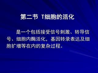 第二节 T 细胞的活化 是一个包括接受信号刺激、转导信 号、细胞内酶活化，基因转录表达及细 胞扩增等在内的复杂过程。