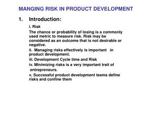 MANGING RISK IN PRODUCT DEVELOPMENT