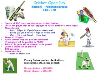 Cricket Open Day March 20 - PDO Cricket Ground 8 AM – 5 PM