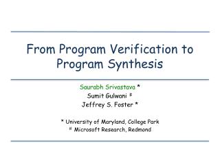 From Program Verification to Program Synthesis