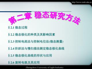 §2.1 稳态过程 §2 .2 稳态极化的种类及其影响因素 §2.3 控制电流法与控制电位法 ( 稳态测量 ) §2.4 阶跃法与慢扫描法测定稳态极化曲线