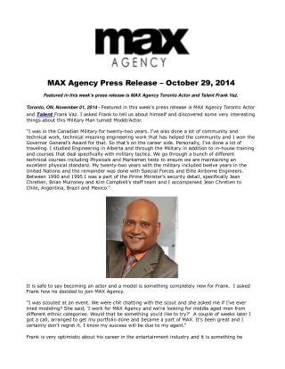 MAX Agency Press Release – October 29, 2014