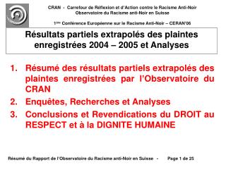 Résultats partiels extrapolés des plaintes enregistrées 2004 – 2005 et Analyses