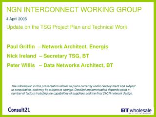NGN INTERCONNECT WORKING GROUP 4 April 2005 Update on the TSG Project Plan and Technical Work