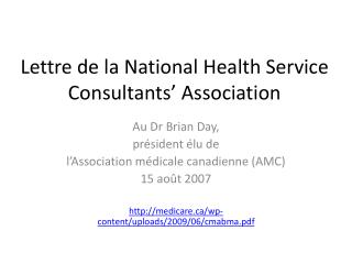 Lettre de la National Health Service Consultants’ Association