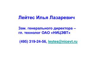 Лейтес Илья Лазаревич Зам. генерального директора – гл. технолог ОАО «НИЦЭВТ»