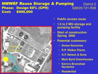 NWWRF Reuse Storage &amp; Pumping Phase: 	Design 60% (CPH) Cost: 	$900,000