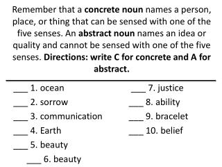 ___ 1. ocean ___ 2. sorrow ___ 3. communication ___ 4. Earth ___ 5. beauty	 	 ___ 6. beauty