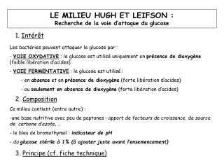 LE MILIEU HUGH ET LEIFSON : Recherche de la voie d’attaque du glucose