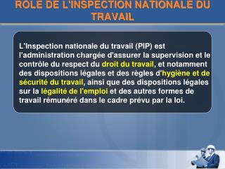 RÔLE DE L'INSPECTION NATIONALE DU TRAVAIL