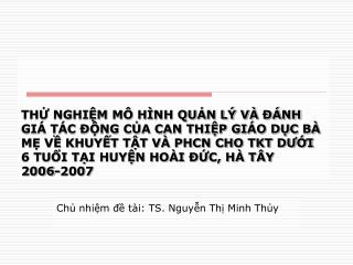Chủ nhiệm đề tài: TS. Nguyễn Thị Minh Thủy