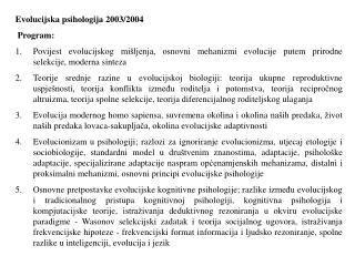 Evolucijska psihologija 2003/2004  Program: 