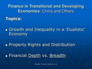 Finance in Transitional and Developing Economies : China and Others
