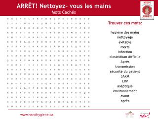 Trouver ces mots : hygiène des mains nettoyage évitable morts infection clostridium difficile