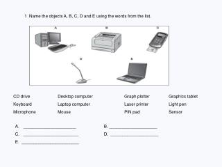 1 Name the objects A, B, C, D and E using the words from the list.