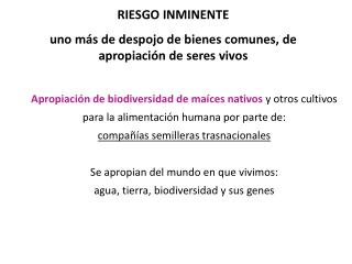 RIESGO INMINENTE uno más de despojo de bienes comunes, de apropiación de seres vivos