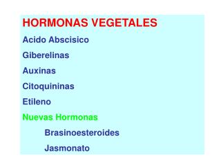 HORMONAS VEGETALES Acido Abscisico Giberelinas Auxinas Citoquininas Etileno Nuevas Hormonas